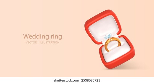 Anillo de compromiso con piedra preciosa en caja abierta. Accesorio para propuesta de matrimonio. Vector 3D ilustración