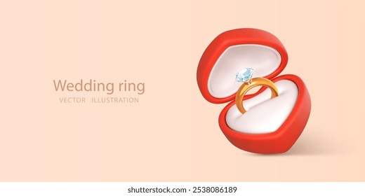 Anillo de compromiso con piedra preciosa en caja abierta. Accesorio para propuesta de matrimonio. Vector 3D ilustración