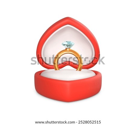 Engagement ring with precious stone in open box. Wedding gold ring and diamond in red case. Accessory for marriage proposal. Vector illustration in cartoon style