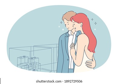 Engagement ring, proposal, marriage concept. Young happy couple on love bride and groom standing hugging and choosing engagement rings in jewellery store together vector illustration 