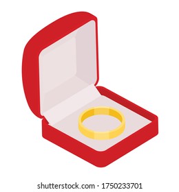Engagement ring in red box on white background. Wedding proposal and love concept. isometric view. Vector