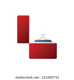 Anillo de compromiso en caja de terciopelo rojo con gran piedra preciosa aislada en fondo blanco