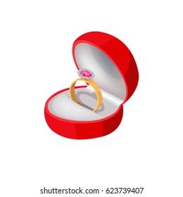 Engagement ring in red velvet box with big precious stone isolated on white background. Wedding accessory symbol of eternal love, unity and devotion. Vector illustration of proposal symbolic ring