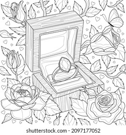 
Anillo de compromiso y rosas.Antirestrés del libro colorante para niños y adultos. Ilustración aislada sobre fondo blanco. Estilo zen-enmarañado. Dibujo manual