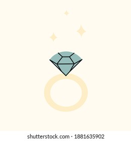 Einsatzring mit glänzendem Diamanten. Goldener Hochzeitsring im Cartoon-Stil.  Valentinstag süßes Logo oder Ikone für Social Media Geschichte und Highlights.  Vektorgrafik.