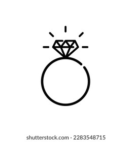 Engagement ring with shining diamond. Romantic gesture of love and wedding proposal. Pixel perfect, editable stroke icon