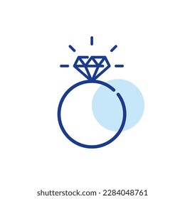 Anillo de compromiso con brillantes diamantes. Gesto romántico de amor y proposición matrimonial. Icono de trazo de píxeles perfecto, modificable