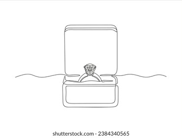 Engagement ring in a square box continuous line drawing. One line art of love, wedding rings, marriage, diamond, accessory, jewel, union of hearts, classic, romance.