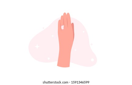 Engagement ring vector illustration. Cute flat image of left hand with diamond engagement ring after she said yes. Isolated on pink bubble background. Romantic, proposal, love, wedding concepts.