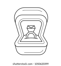 Ícone de linha de vetor de anel de compromisso isolado no plano de fundo branco. Caixa aberta com ícone de linha de anel de engate de diamante para infográfico, site ou aplicativo.