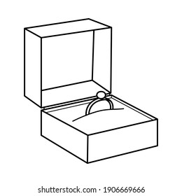Engagement ring. Wedding ring. Ring in a box. Valentine's Day. Declaration of love. Offer of marriage. Vector hand drawn illustration. For greeting card, sticker, holiday design, poster, flyer.