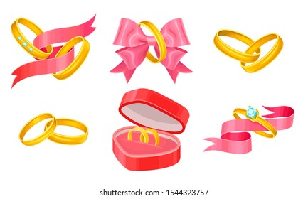 Engagement Rings With Bow and Ribbons Vector Set