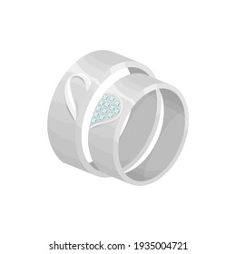 Engagement rings with diamonds for wife and husband isolated. Vector wedding rings of white gold or silver with diamonds and brilliants, zircon and gem. Pair of marriage platinum rings with gemstones