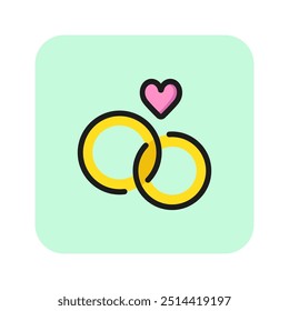 Engagement rings line icon. Two rings, love, heart. Wedding concept. Vector illustration can be used for topics like marriage, merry, love, family