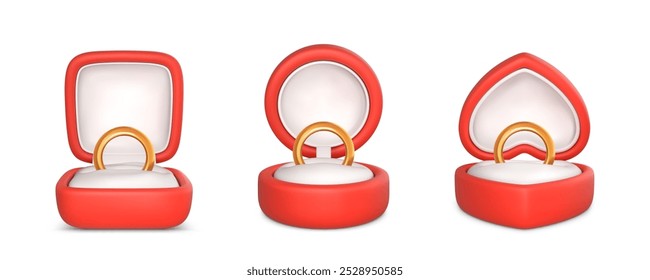 Engagement rings in open boxes. Wedding gold ring in red case. Accessory for marriage proposal. Vector illustration