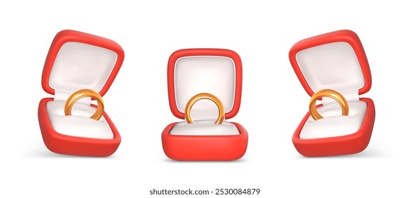 Engagement rings in open boxes. Wedding gold ring in red case. Accessory for marriage proposal. Vector illustration