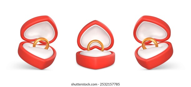 Engagement rings in open boxes. Wedding gold ring in red case. Accessory for marriage proposal. Vector illustration