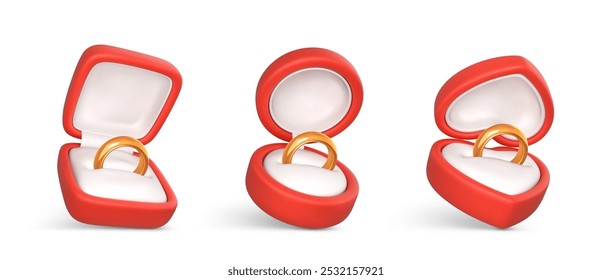 Engagement rings in open boxes. Wedding gold ring in red case. Accessory for marriage proposal. Vector illustration