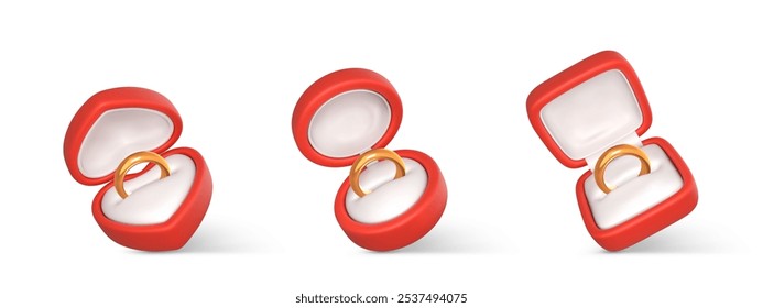 Engagement rings in open boxes. Wedding gold ring in red case. Accessory for marriage proposal. Vector illustration