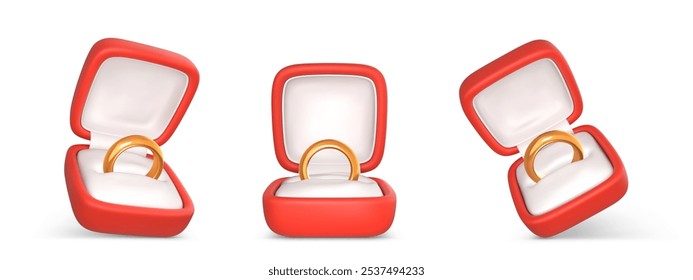 Engagement rings in open boxes. Wedding gold ring in red case. Accessory for marriage proposal. Vector illustration