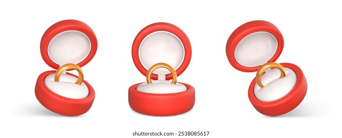 Engagement rings in open boxes. Wedding gold ring in red case. Accessory for marriage proposal. Vector illustration