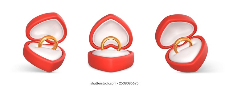 Engagement rings in open boxes. Wedding gold ring in red case. Accessory for marriage proposal. Vector illustration