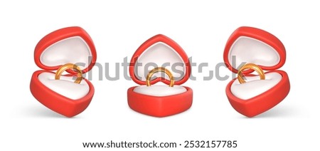 Engagement rings in open boxes. Wedding gold ring in red case. Accessory for marriage proposal. Vector illustration