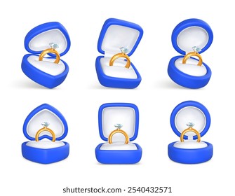 Anillos de compromiso con piedra preciosa en cajas abiertas azules. Accesorio para propuesta de matrimonio. Ilustración vectorial