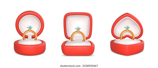 Anillos de compromiso con piedra preciosa en cajas abiertas. Anillo de oro Boda y diamante en caja roja. Accesorio para propuesta de matrimonio. Ilustración vectorial