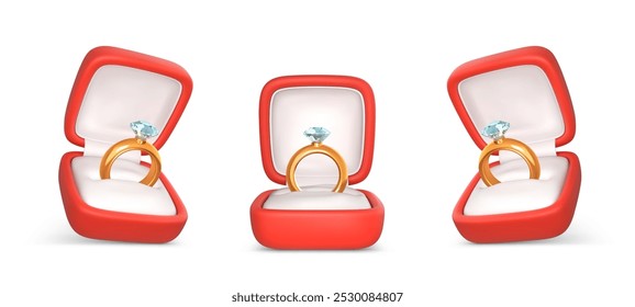 Anillos de compromiso con piedra preciosa en cajas abiertas. Anillo de oro Boda y diamante en caja roja. Accesorio para propuesta de matrimonio. Ilustración vectorial