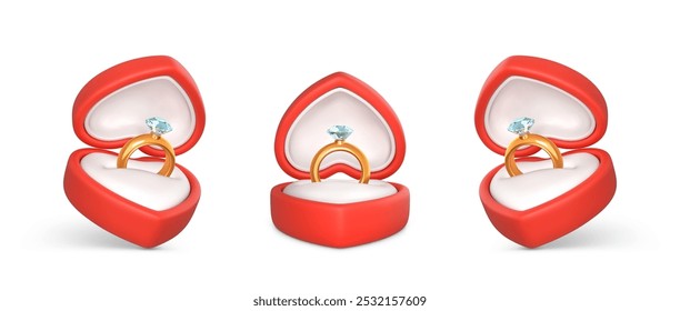 Anillos de compromiso con piedra preciosa en cajas abiertas. Anillo de oro Boda con diamante en caja roja. Accesorio para propuesta de matrimonio. Ilustración vectorial