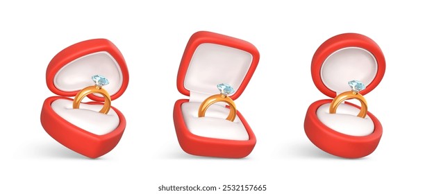 Anillos de compromiso con piedra preciosa en cajas abiertas. Anillo de oro Boda con diamante en caja roja. Accesorio para propuesta de matrimonio. Ilustración vectorial