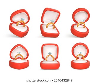 Anillos de compromiso con piedra preciosa en cajas abiertas. Accesorio para propuesta de matrimonio. Ilustración vectorial