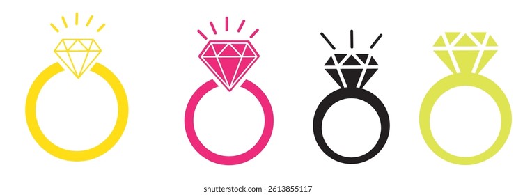 Engagement rings, wedding ring vector set, diamond icon Vector illustration of love and marriage symbols, perfect for wedding invitations, romantic designs, and jewelry branding 