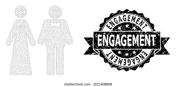 Mit Engagement gekratzte Stempelrobbe und Vektorhochzeit Gefühle Maschenstruktur. Das schwarze Stempelsiegel hat einen Hobbytext in Band und Rosette. Abstrakte Hochzeitsemotionen mit flacher Masche,