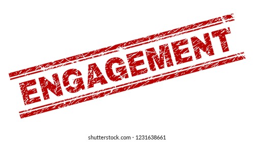 ENGAGEMENT seal stamp with corroded texture. Red vector rubber print of ENGAGEMENT title with corroded texture. Text title is placed between double parallel lines.