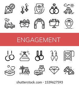 engagement simple icons set. Contains such icons as Diamond, Wedding car, Earrings, Wedding, Vows, Wedding arch, ring, Honeymoon, can be used for web, mobile and logo