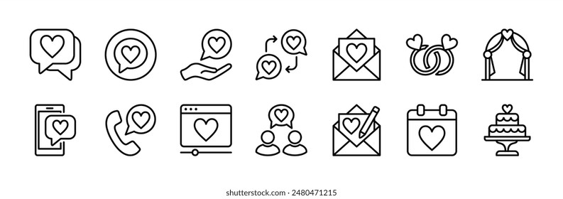 Engagement thin line icon set. Containing speech bubble, love letter, wedding ring, decoration, message, call, online video, schedule or date, communication, cake, event. Vector illustration