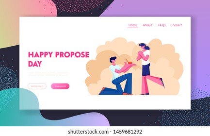 Engagement Website Landing Page, Young Man Stand on Knee with Ring in Hand Making Offer to Woman Asking her Marry him, Human Relations, Loving Couple Web Page. Cartoon Flat Vector Illustration, Banner