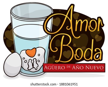 Engagement and wedding omen in the Colombian tradition for New Year (texts written in Spanish): glass and egg forming a couple shape with bubbles, announcing love, for New Year, according to Colombian