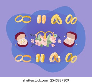 Engagement or wedding rings vector illustrations set. Jewellery for proposal, gold rings for bride and groom in red boxes isolated on white background. Jewelry, marriage, wedding, accessories concept