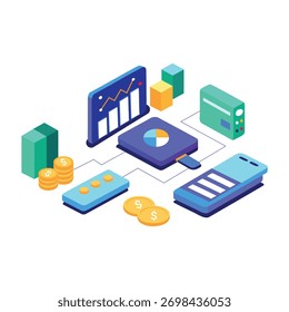 Engaging 3D isometric scene visualizing digital finance. Ideal for illustrating modern banking, data analytics, and fintech solutions.