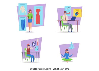 Engaging activities of virtual reality applications in various contexts, including shopping, professional development, science education, and mindfulness practices in modern environment