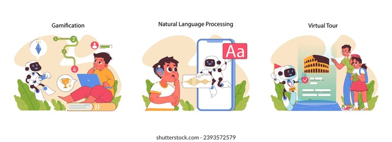 Engaging AI in Education set. Making learning fun through gamification. Understanding language with AI. Exploring history with virtual tours. Flat vector illustration