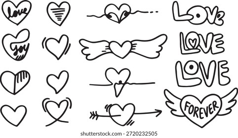 An engaging array of sketched heart designs and love themed words, perfect for expressing affection and romance.
