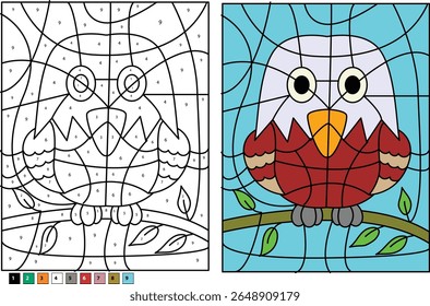 Planilha Engajando Águia Calva Colorosa por Número com Ilustração de Desenho Animado Colorido Concluída, Perfeito para Aprendizagem de Crianças e Livros de Atividade Criativa e Recursos Educacionais.