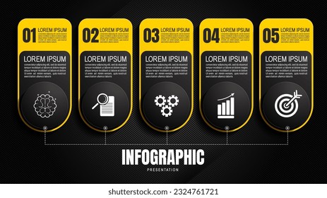 Engaging black and yellow infographic templates for presentations. Dynamic layouts, data visualization, reports, timelines, icons. Enhance workflow with minimal designs