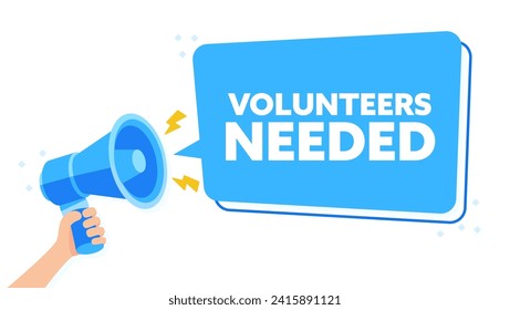 Engaging Blue Megaphone Illustration for VOLUNTEERS NEEDED with Hand Holding Announcement Sign