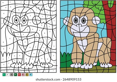 Engaging Cartoon Monkey Color by Number Activity Page for Kids: Educational Printable Template with Numbered Outline and Vibrant Finished Illustration for Children's Learning and Creative Fun.