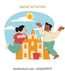 Engaging children enjoy group activities by building a sandcastle together. The joyful scene highlights teamwork and creativity on a sunny day, emphasizing the importance of collaborative play in